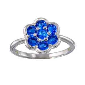 Rhodium Plated 925 Sterling Silver Blue CZ Flower Ring - BGR01152BLU