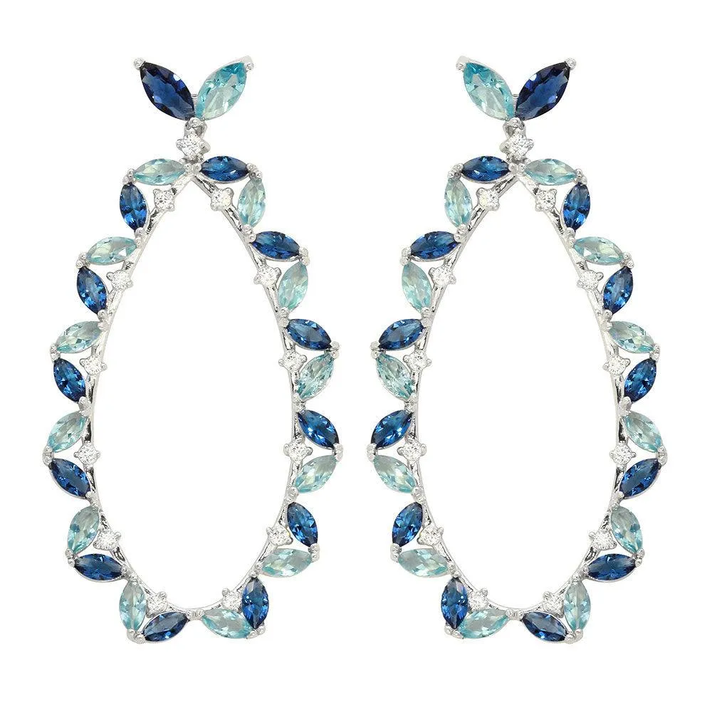 Rhodium Plated 925 Sterling Silver Blue CZ Hanging Oval Earrings - GME00103RH-BLU