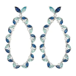 Rhodium Plated 925 Sterling Silver Blue CZ Hanging Oval Earrings - GME00103RH-BLU