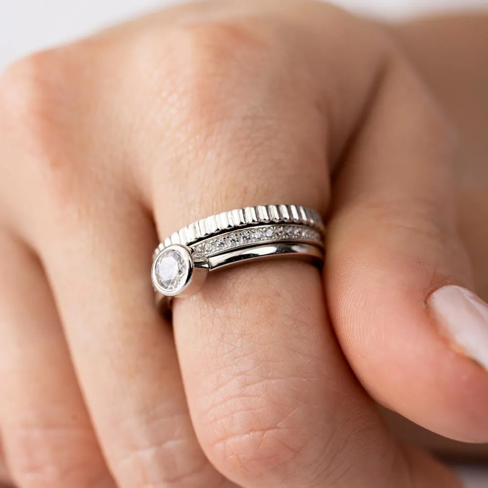 Rhodium Plated 925 Sterling Silver Channel Center CZ Stackable Ring Set - STR01125