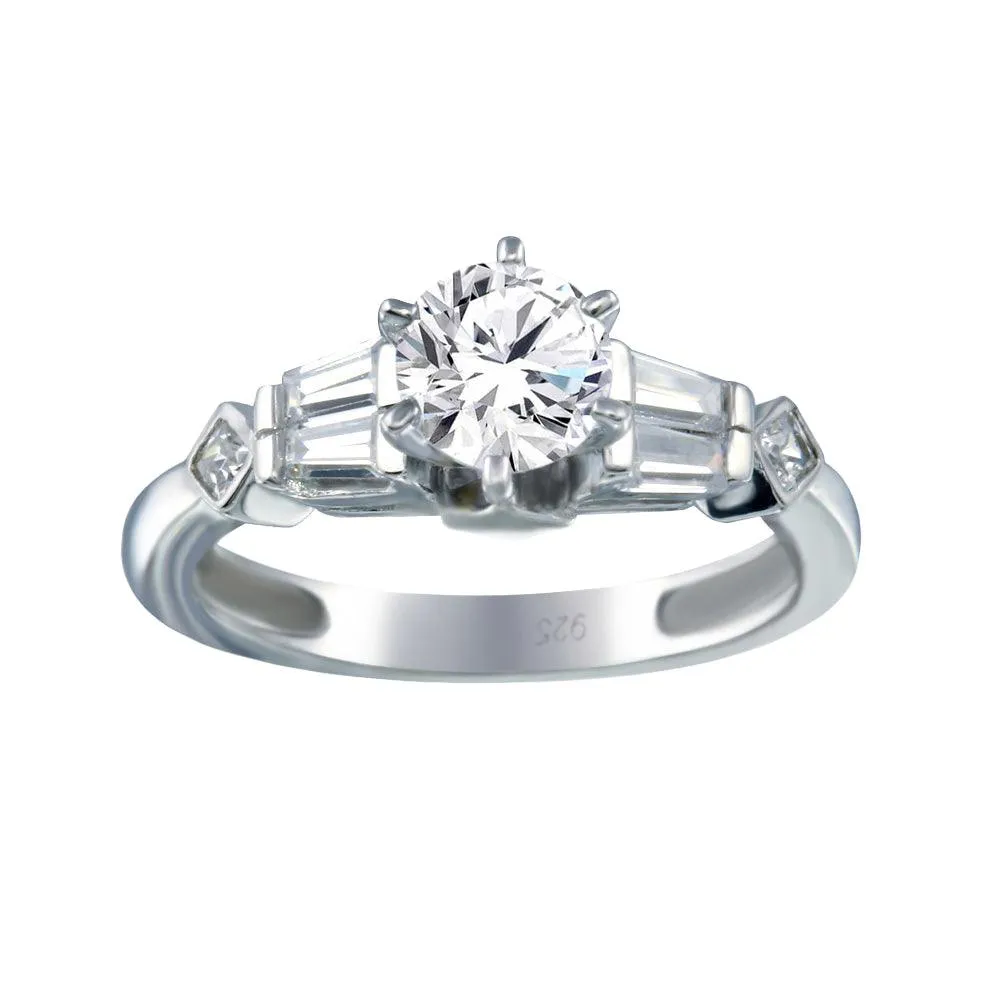 Rhodium Plated 925 Sterling Silver Clear Baguette Round Center CZ Ring - ACR00028