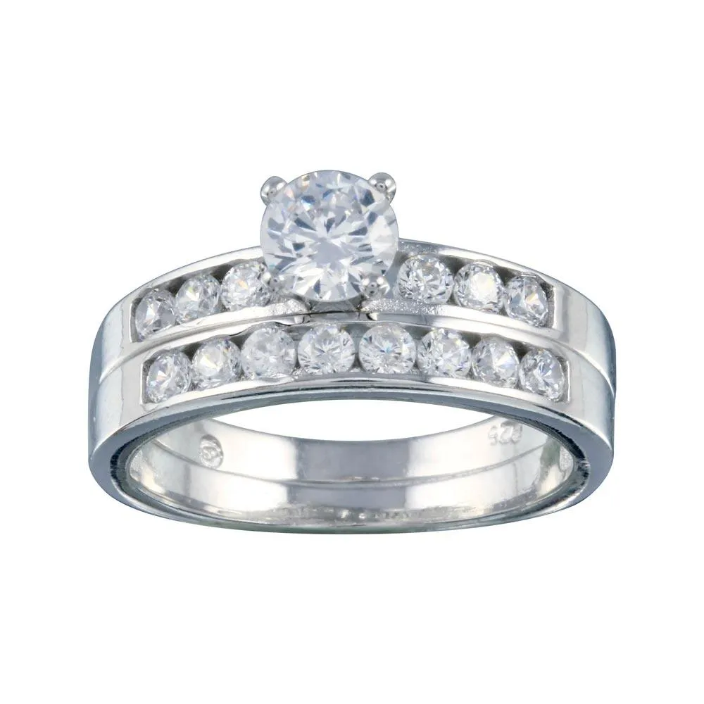 Rhodium Plated 925 Sterling Silver Clear CZ Bridal Ring Set - BGR00088