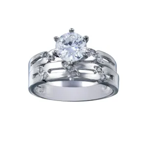 Rhodium Plated 925 Sterling Silver Clear Double Stackable CZ Engagement Ring Set - ANT00017