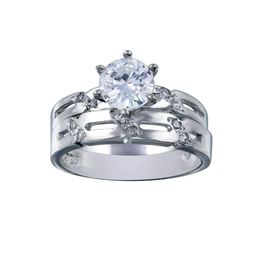 Rhodium Plated 925 Sterling Silver Clear Double Stackable CZ Engagement Ring Set - ANT00017