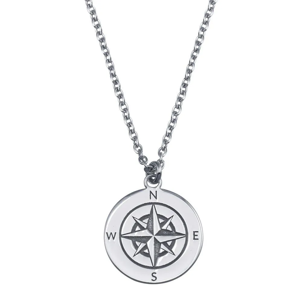 Rhodium Plated 925 Sterling Silver Compass Engraved Disc Pendant Necklace - SOP00151