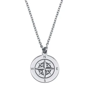 Rhodium Plated 925 Sterling Silver Compass Engraved Disc Pendant Necklace - SOP00151