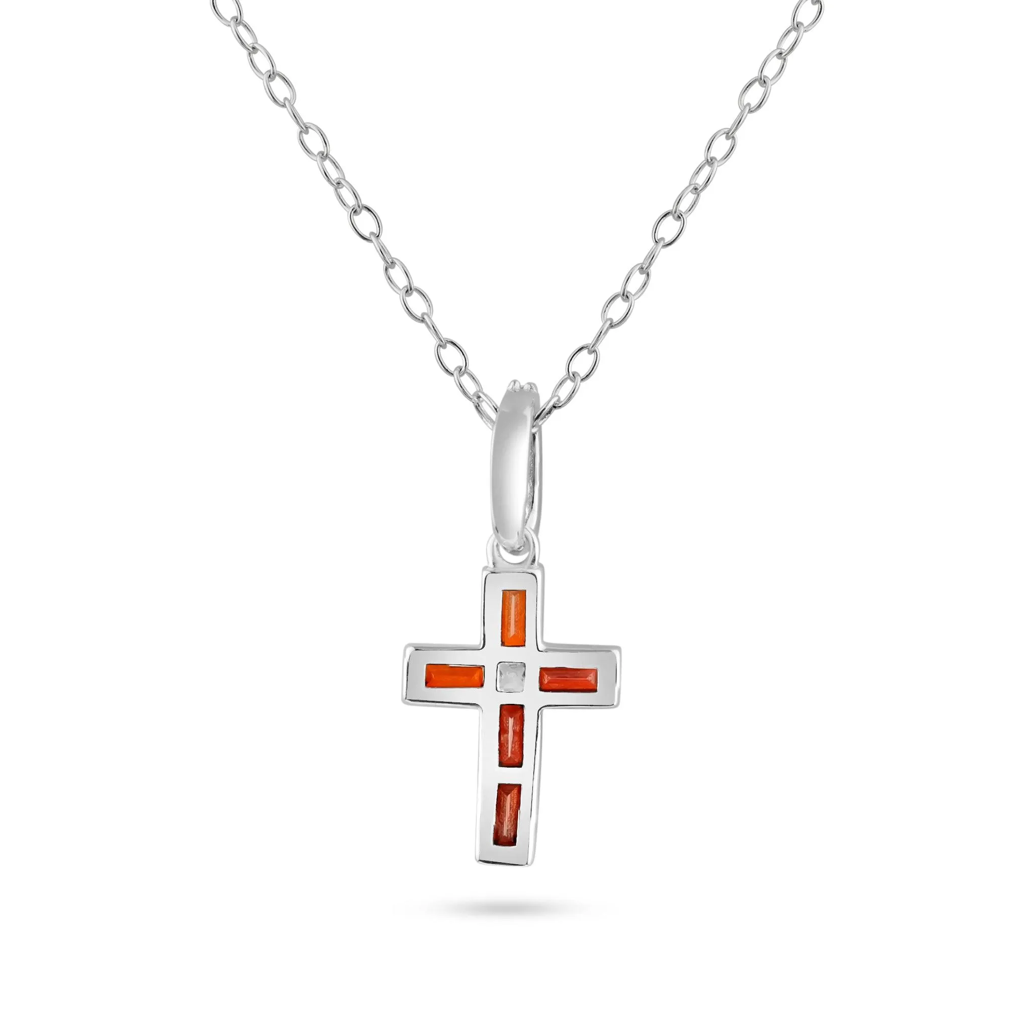 Rhodium Plated 925 Sterling Silver Cross Red CZ Pendant Necklace - BGP01461