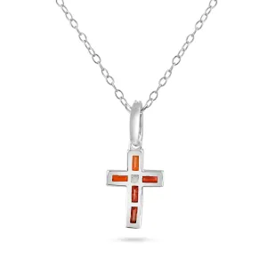 Rhodium Plated 925 Sterling Silver Cross Red CZ Pendant Necklace - BGP01461