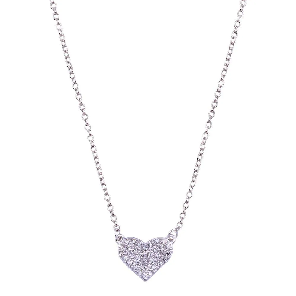 Rhodium Plated 925 Sterling Silver  CZ Encrusted Heart Necklace - BGP01090