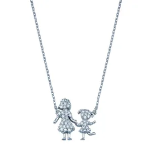 Rhodium Plated 925 Sterling Silver CZ Mother and Daughter Clear CZ Necklace - GMN00112