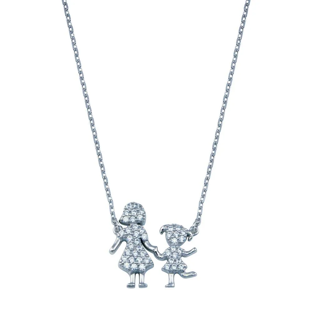 Rhodium Plated 925 Sterling Silver CZ Mother and Daughter Clear CZ Necklace - GMN00112