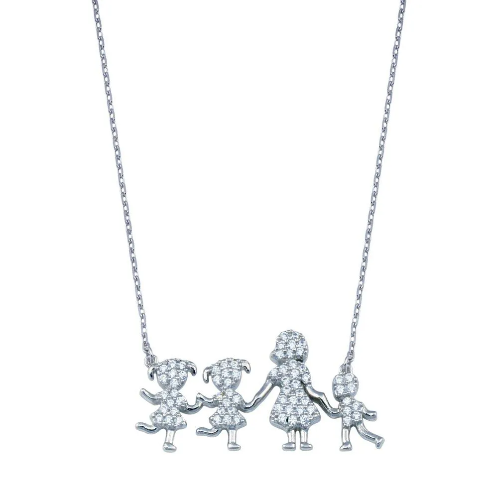 Rhodium Plated 925 Sterling Silver CZ Mother Two Daughters and Son Clear CZ Necklace - GMN00113