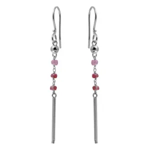 Rhodium Plated 925 Sterling Silver Dangling 3 Dark Red Bead with Matte Rhodium Bar Earrings - DIE00009RH-GR