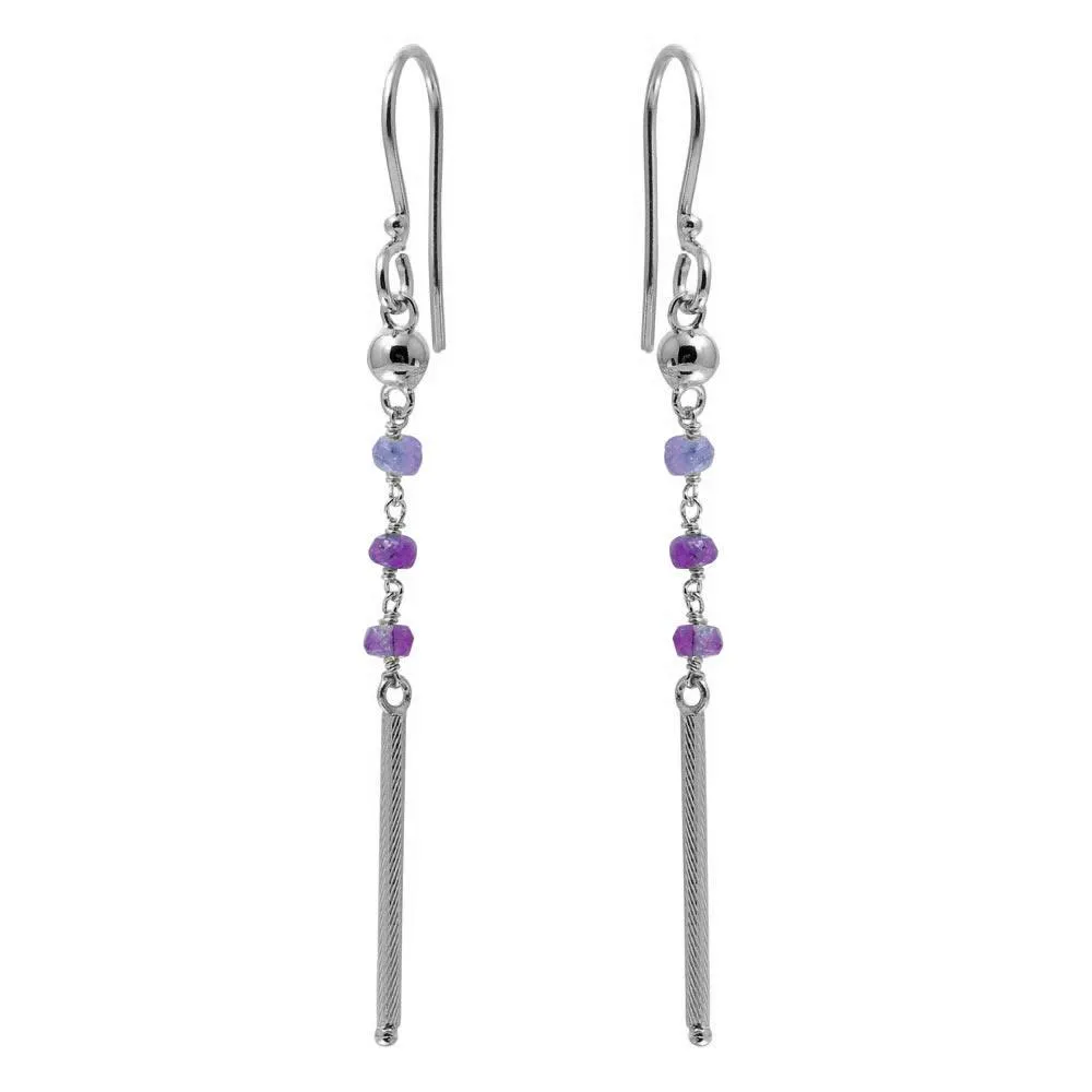 Rhodium Plated 925 Sterling Silver Dangling 3 Purple Bead with Matte Rhodium Bar Earrings - DIE00009RH-AM