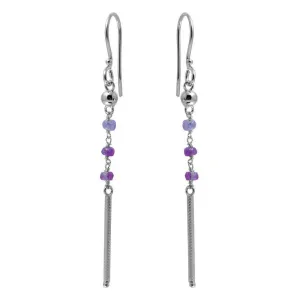 Rhodium Plated 925 Sterling Silver Dangling 3 Purple Bead with Matte Rhodium Bar Earrings - DIE00009RH-AM