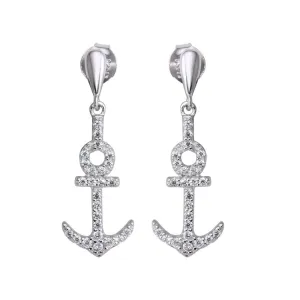 Rhodium Plated 925 Sterling Silver Dangling Anchor Earrings with CZ - BGE00593