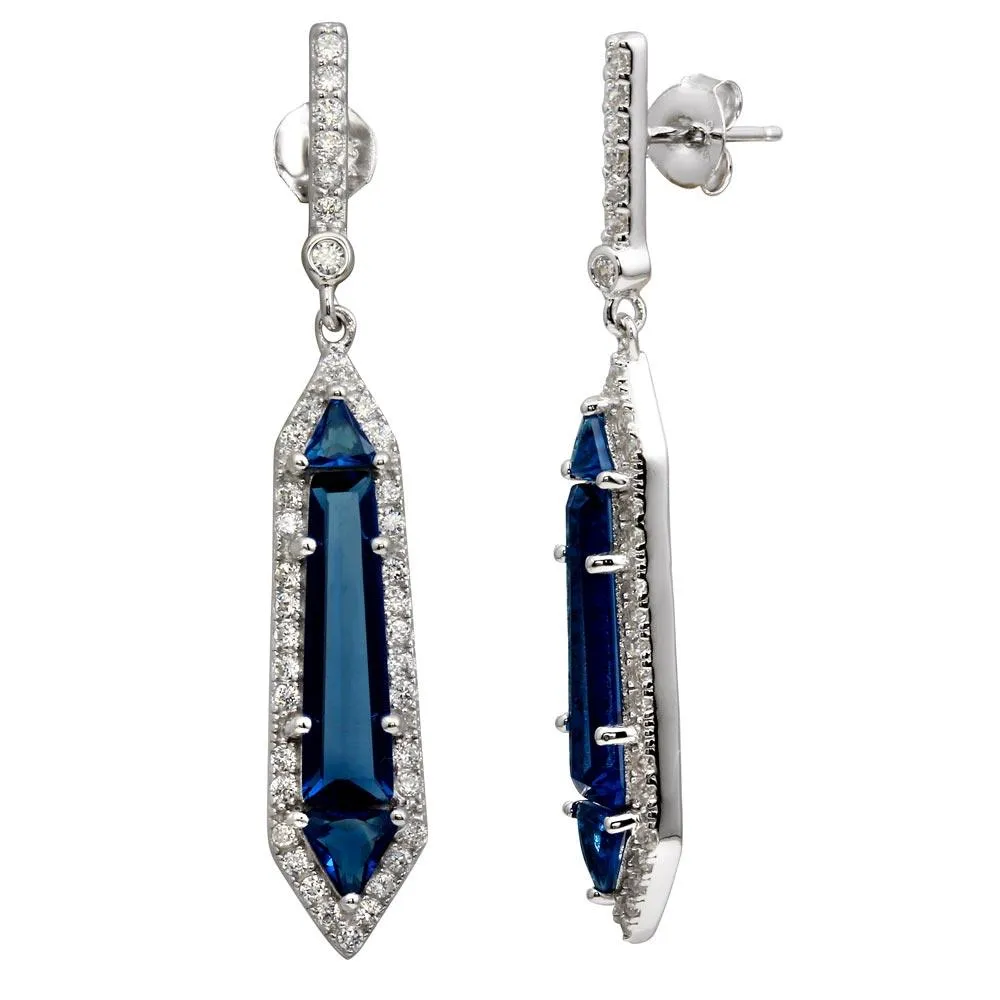 Rhodium Plated 925 Sterling Silver Dangling Blue and Clear CZ Earrings - BGE00578BLU