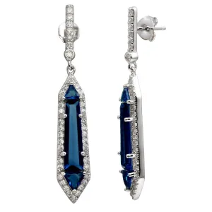 Rhodium Plated 925 Sterling Silver Dangling Blue and Clear CZ Earrings - BGE00578BLU