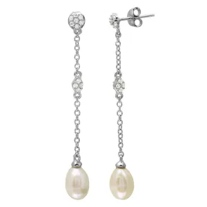 Rhodium Plated 925 Sterling Silver Dangling CZ and Fresh Water Pearl Earrings - BGE00507