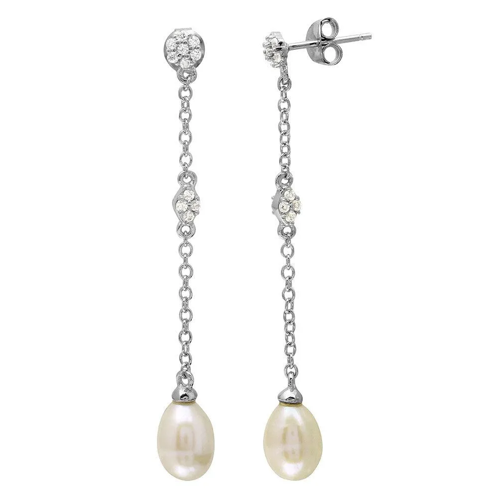 Rhodium Plated 925 Sterling Silver Dangling CZ and Fresh Water Pearl Earrings - BGE00507
