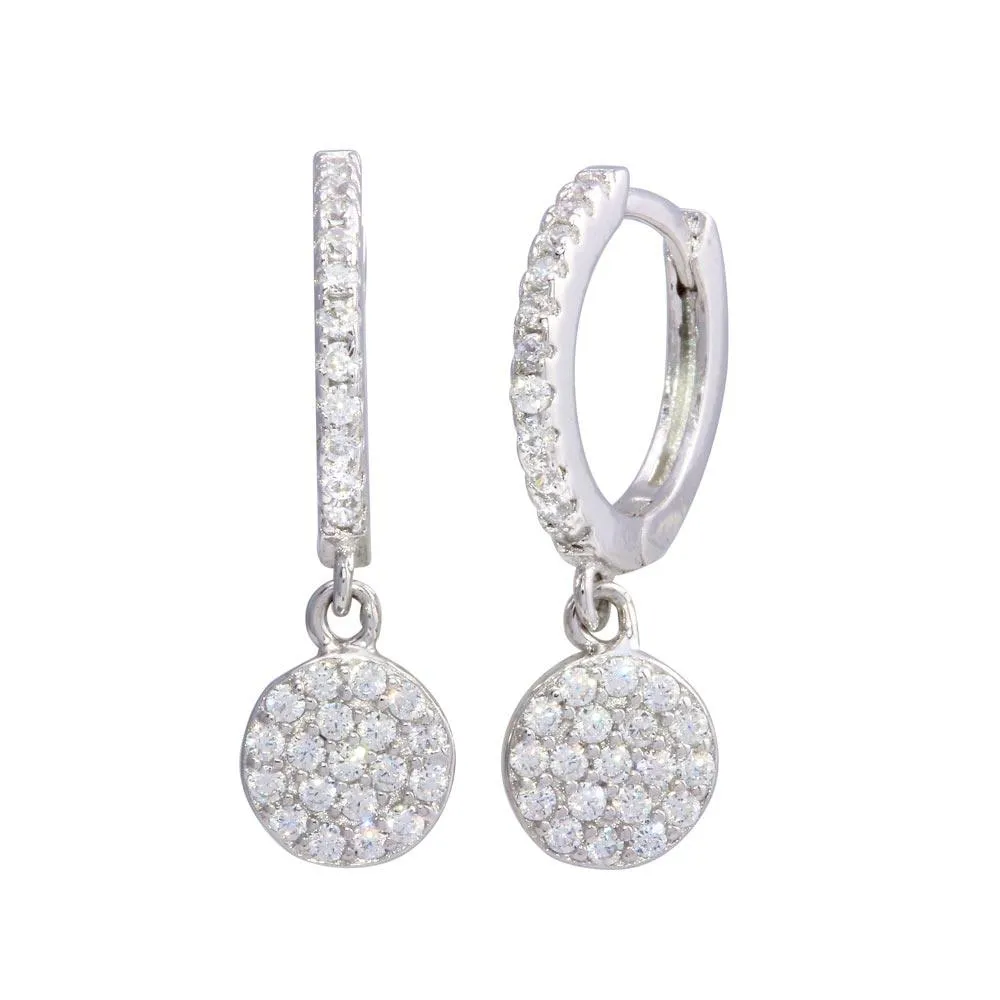 Rhodium Plated 925 Sterling Silver Dangling CZ Disc huggie hoop Earrings - STE01212