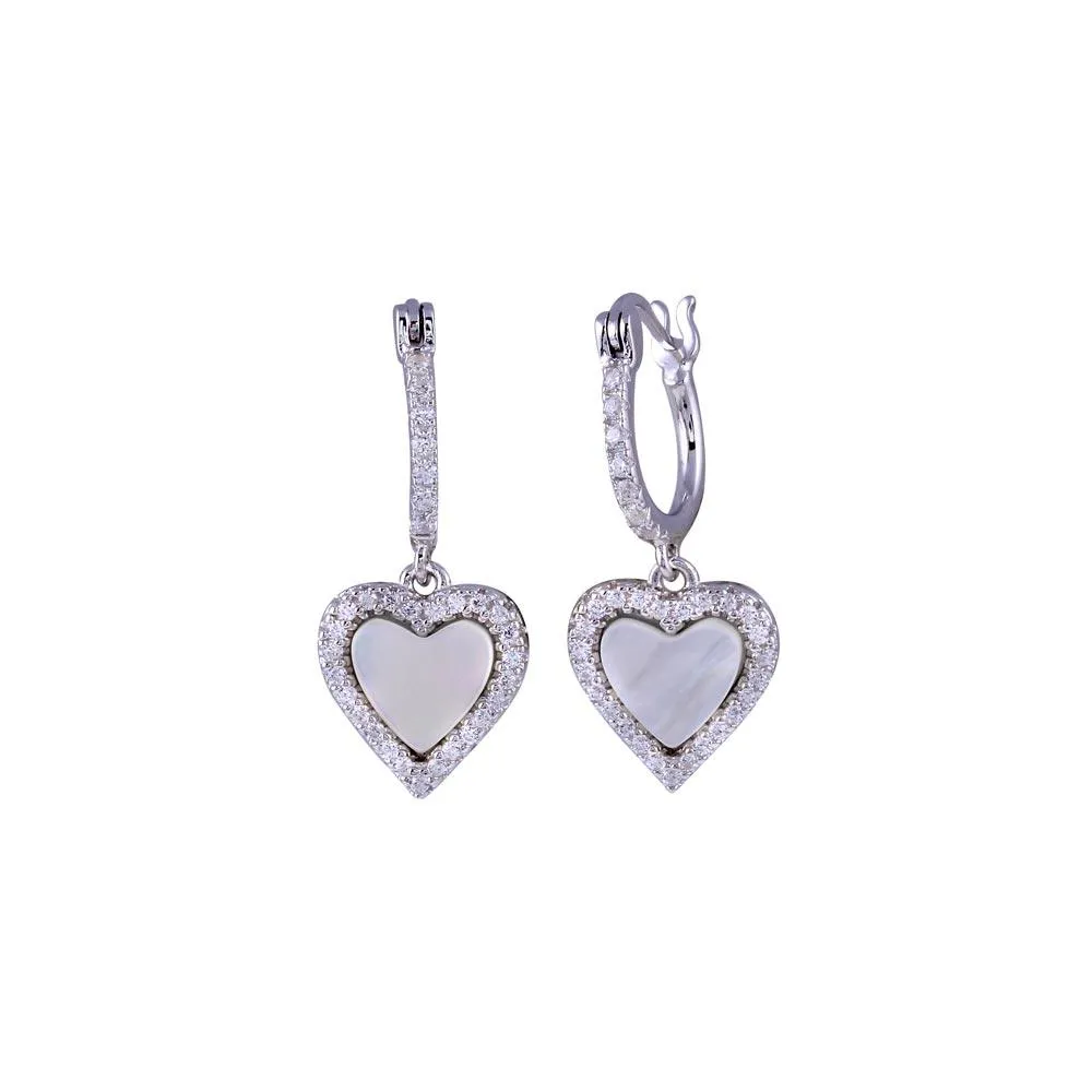 Rhodium Plated 925 Sterling Silver Dangling CZ Heart with Mother of Pearl huggie hoop Earring - BGE00676