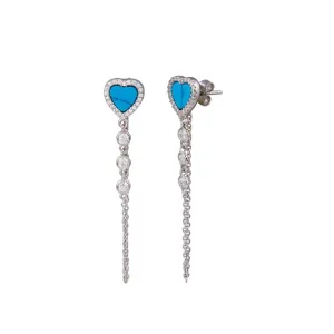 Rhodium Plated 925 Sterling Silver Dangling CZ Turquoise Heart Dangling Earring - BGE00720