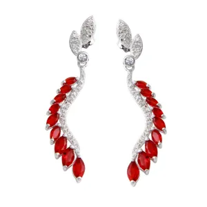 Rhodium Plated 925 Sterling Silver Dangling Feather Earrings with Red CZ - BGE00604RED