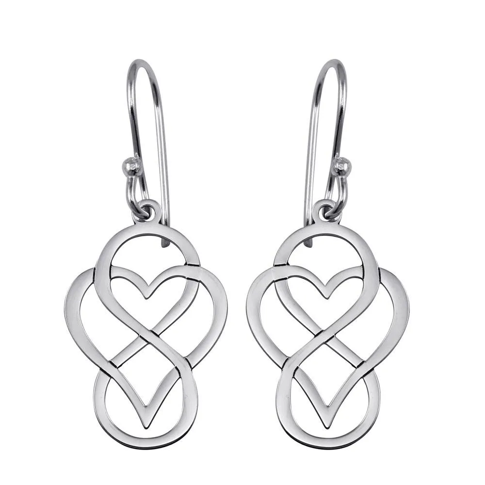 Rhodium Plated 925 Sterling Silver Dangling Flat Heart and Infinity Design Earrings - TRE00005