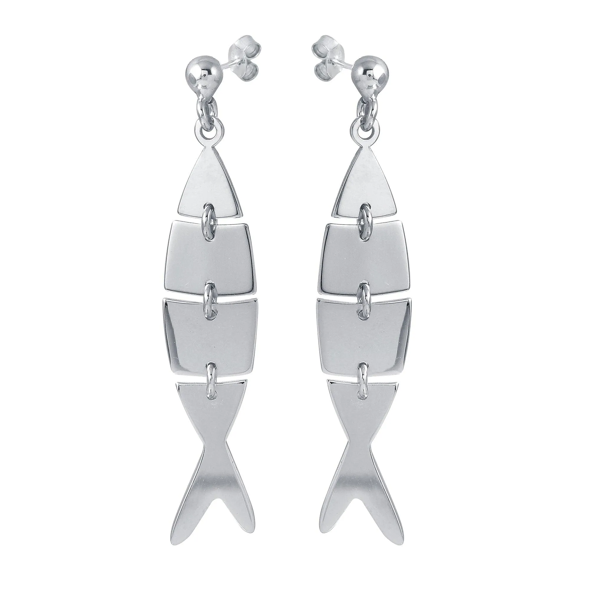 Rhodium Plated 925 Sterling Silver Dangling Flexible Fish Earrings - SOE00027