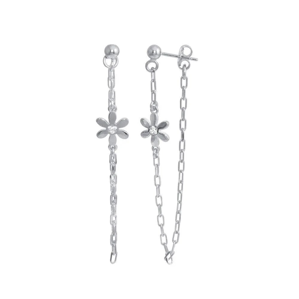 Rhodium Plated 925 Sterling Silver Dangling Flower CZ Earring - ITE00087-RH