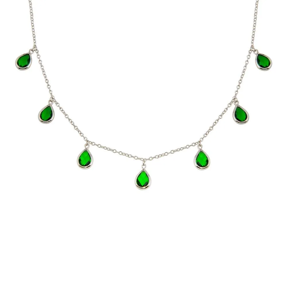 Rhodium Plated 925 Sterling Silver Dangling Green CZ Teardrop Necklace - BGP01250GRN