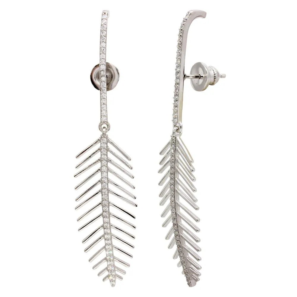 Rhodium Plated 925 Sterling Silver Dangling Leaf Climbing Earrings with CZ - GME00115
