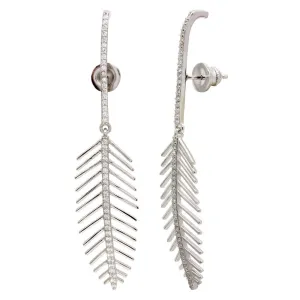 Rhodium Plated 925 Sterling Silver Dangling Leaf Climbing Earrings with CZ - GME00115