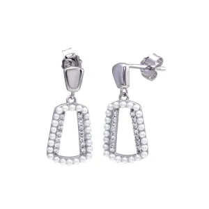Rhodium Plated 925 Sterling Silver Dangling Open Halo Pearl and CZ Earring - STE01321
