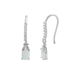 Rhodium Plated 925 Sterling Silver Dangling Oval Opal with CZ Earrings - BGE00499