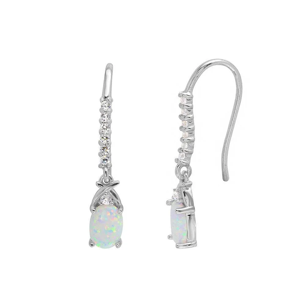 Rhodium Plated 925 Sterling Silver Dangling Oval Opal with CZ Earrings - BGE00499
