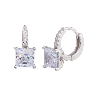 Rhodium Plated 925 Sterling Silver Dangling Square CZ huggie hoop Earrings - STE01214