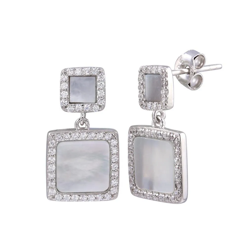 Rhodium Plated 925 Sterling Silver Dangling Square Mother of Pearl CZ Earring - STE01236