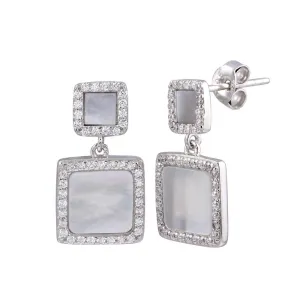 Rhodium Plated 925 Sterling Silver Dangling Square Mother of Pearl CZ Earring - STE01236