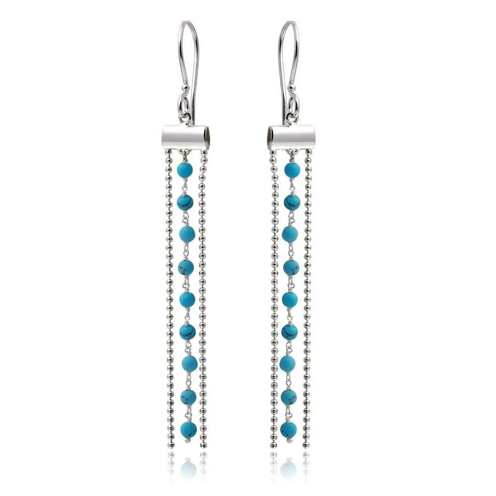Rhodium Plated 925 Sterling Silver Dangling Tassel Earrings with Turquoise Beads - DIE00005RH-TQ