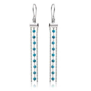 Rhodium Plated 925 Sterling Silver Dangling Tassel Earrings with Turquoise Beads - DIE00005RH-TQ