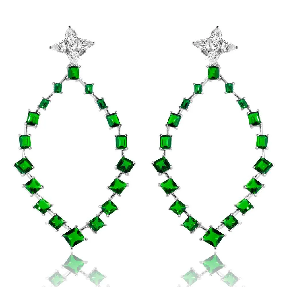 Rhodium Plated 925 Sterling Silver Dangling Teardrop Earrings with CZ - GME00102RH-GREEN