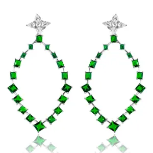 Rhodium Plated 925 Sterling Silver Dangling Teardrop Earrings with CZ - GME00102RH-GREEN