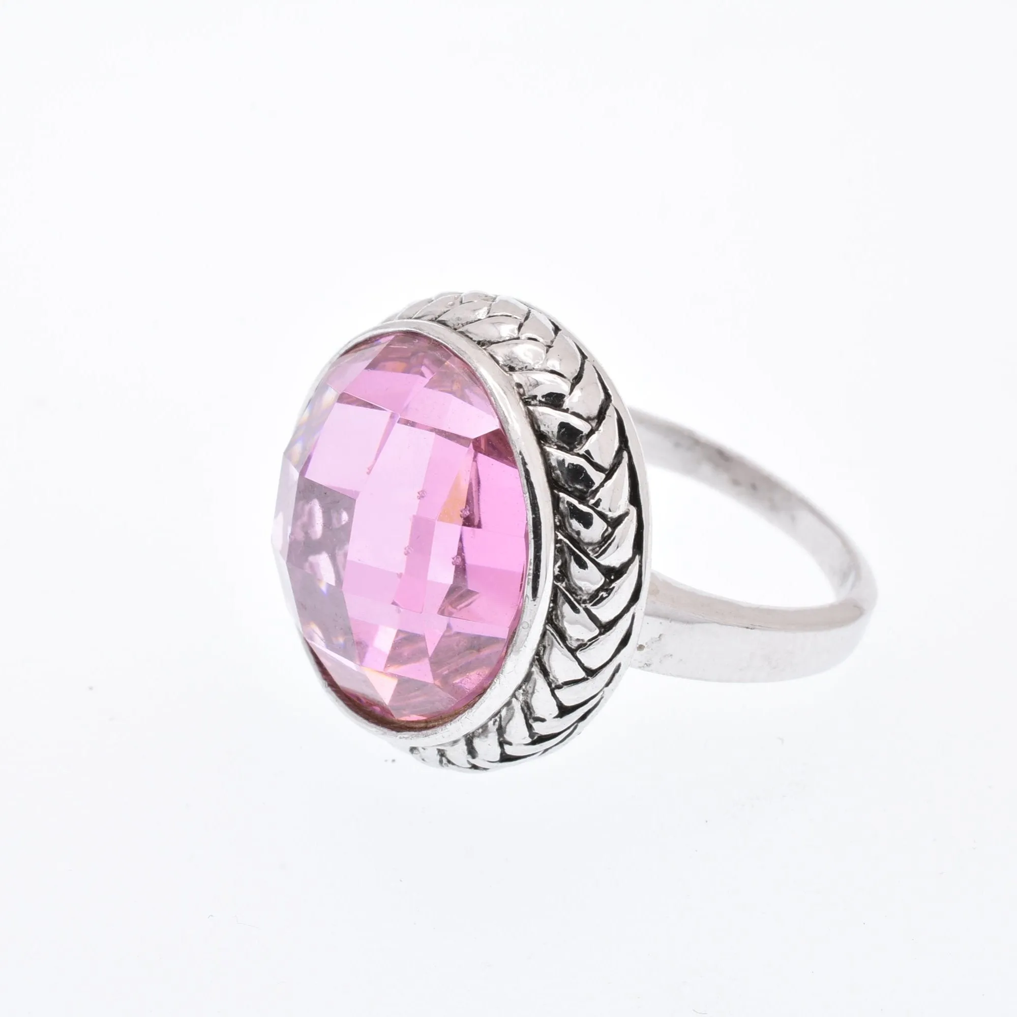 Rhodium Plated 925 Sterling Silver Dome Style Light Amethyst Pink Ring - STR00246