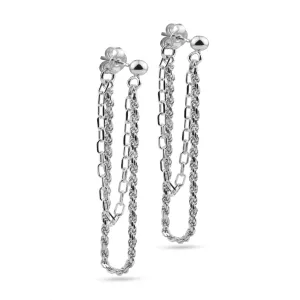 Rhodium Plated 925 Sterling Silver Double Strand Rope and Paperclip Stud Earring - ITE00092-RH