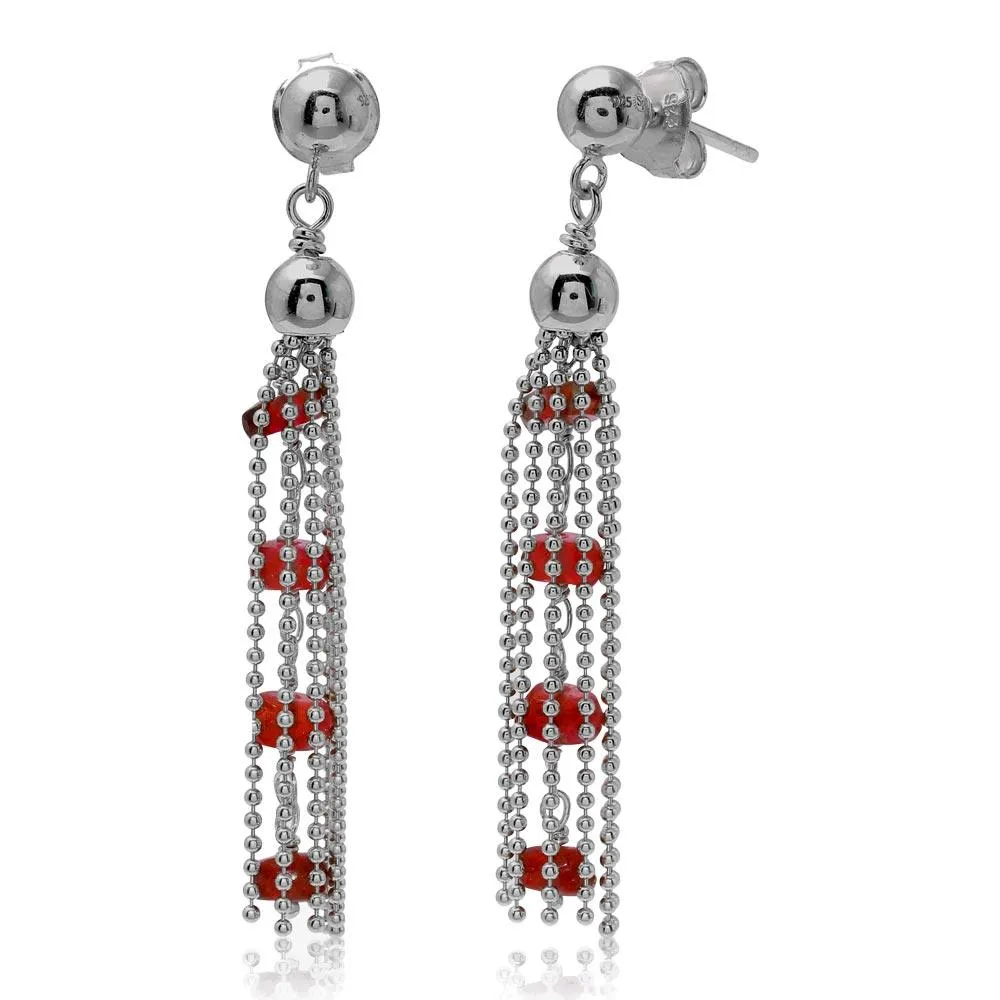 Rhodium Plated 925 Sterling Silver Dropped Bead Chain and Dark Red Bead Earrings - DIE00004RH-GR