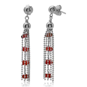 Rhodium Plated 925 Sterling Silver Dropped Bead Chain and Dark Red Bead Earrings - DIE00004RH-GR