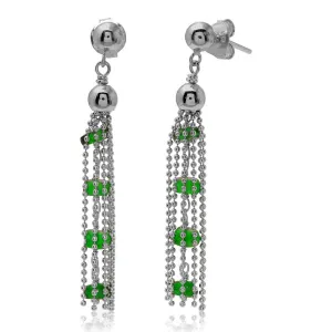 Rhodium Plated 925 Sterling Silver Dropped Bead Chain and Green Bead Earrings - DIE00004RH-EM