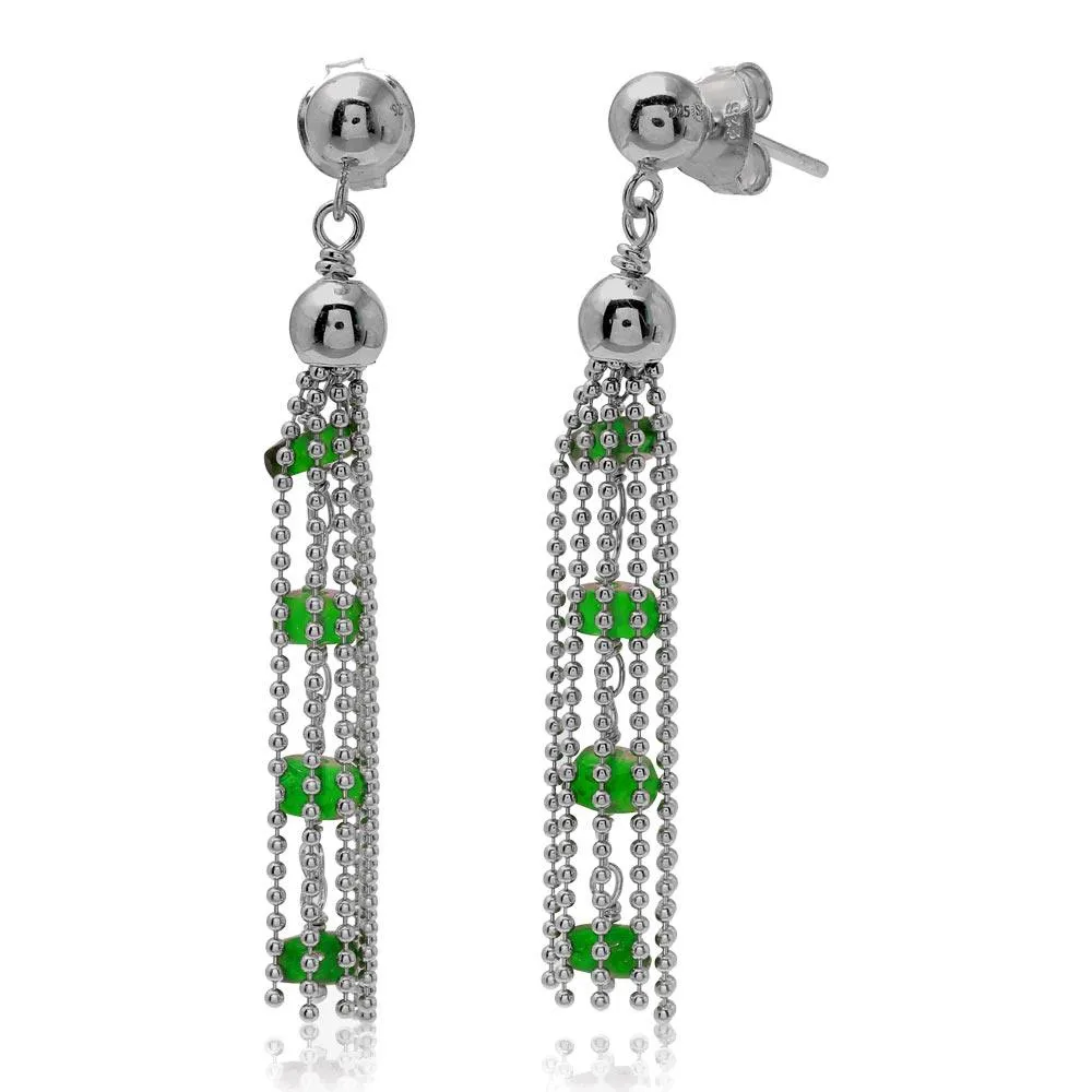 Rhodium Plated 925 Sterling Silver Dropped Bead Chain and Green Bead Earrings - DIE00004RH-EM